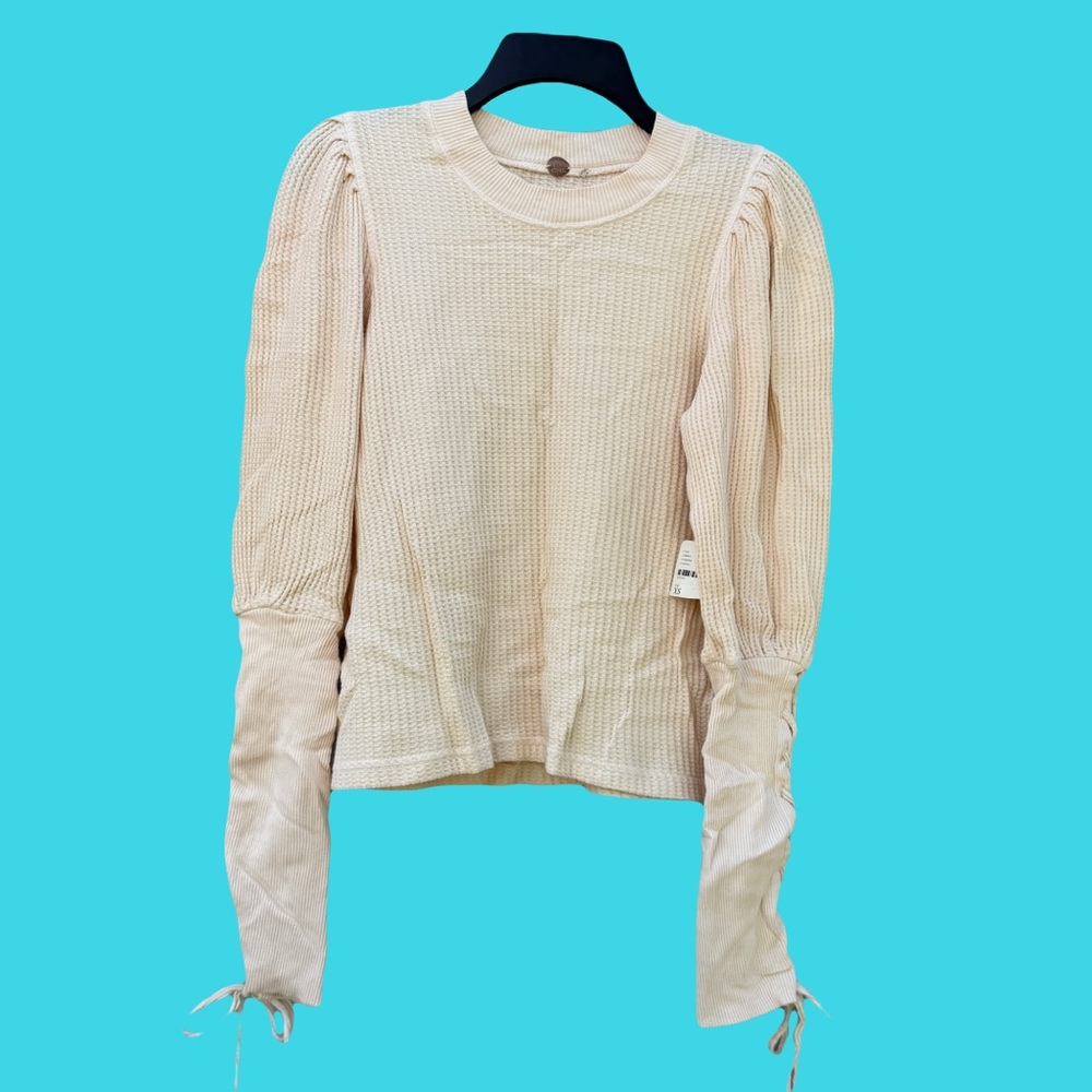 Free People FP Tasha Cotton Ivory Lace-Up Sleeve Waffle Thermal Top